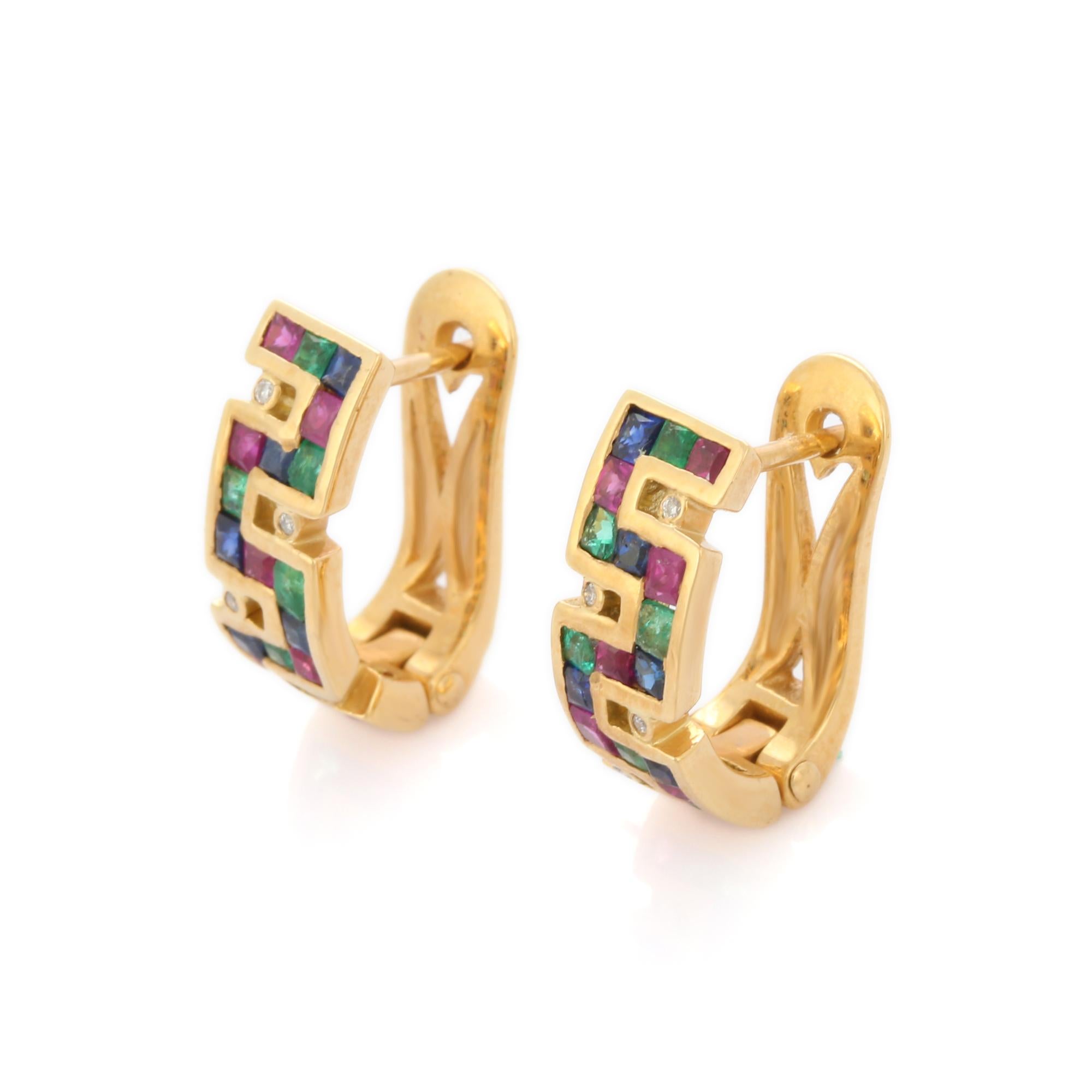 Studs create a subtle beauty while showcasing the colors of the natural precious gemstones and illuminating diamonds making a statement.

Square cut emerald, ruby, sapphire studs with diamonds in 18K gold. Embrace your look with these stunning pair