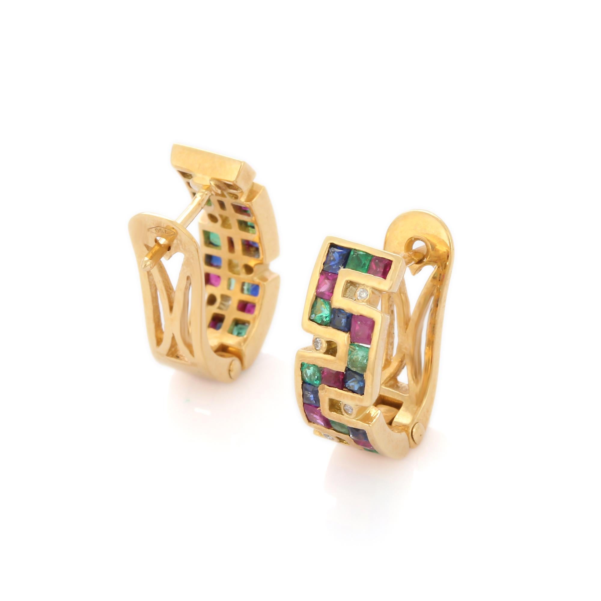 Classical Greek 18K Yellow Gold Diamond Multi Gemstone Greek Key Stud Earrings For Sale