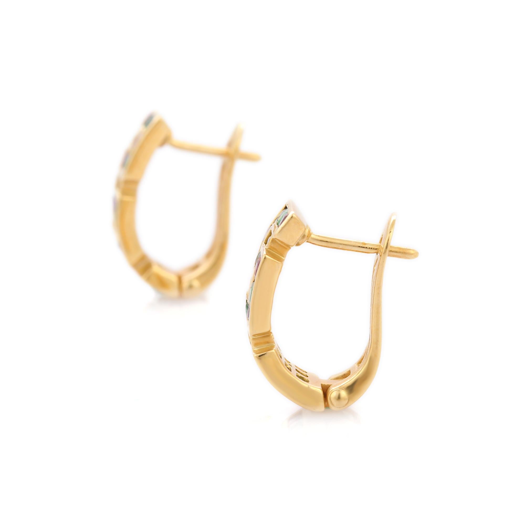 Square Cut 18K Yellow Gold Diamond Multi Gemstone Greek Key Stud Earrings For Sale