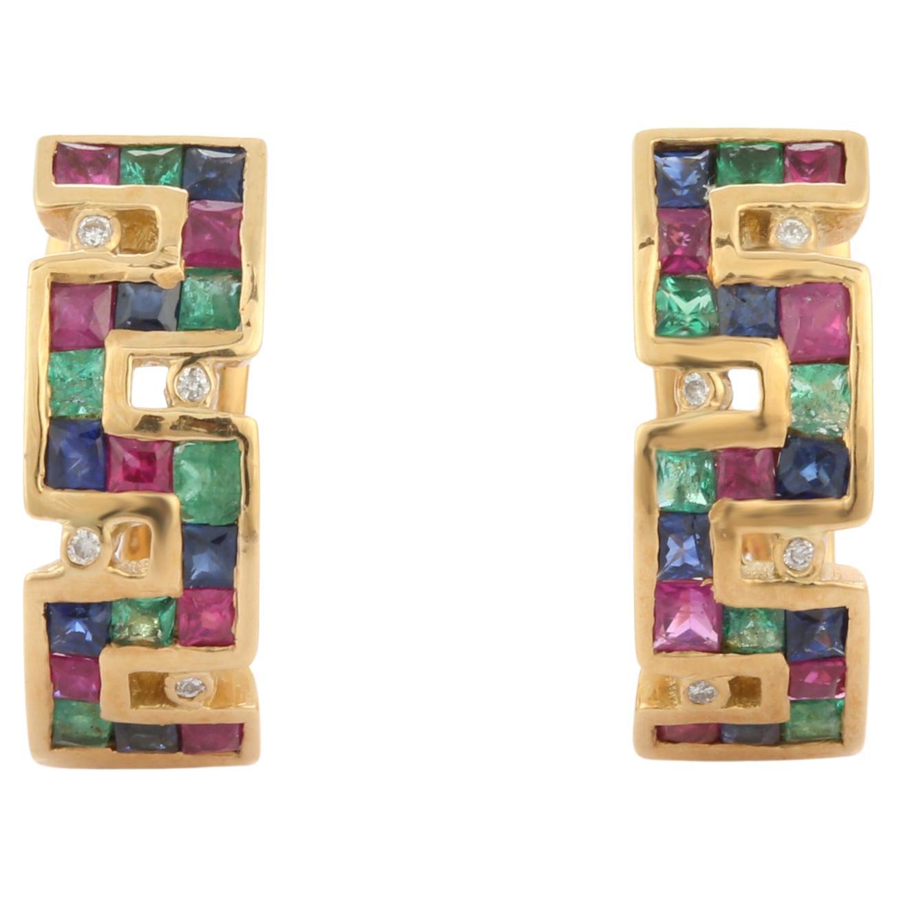 18K Yellow Gold Diamond Multi Gemstone Greek Key Stud Earrings