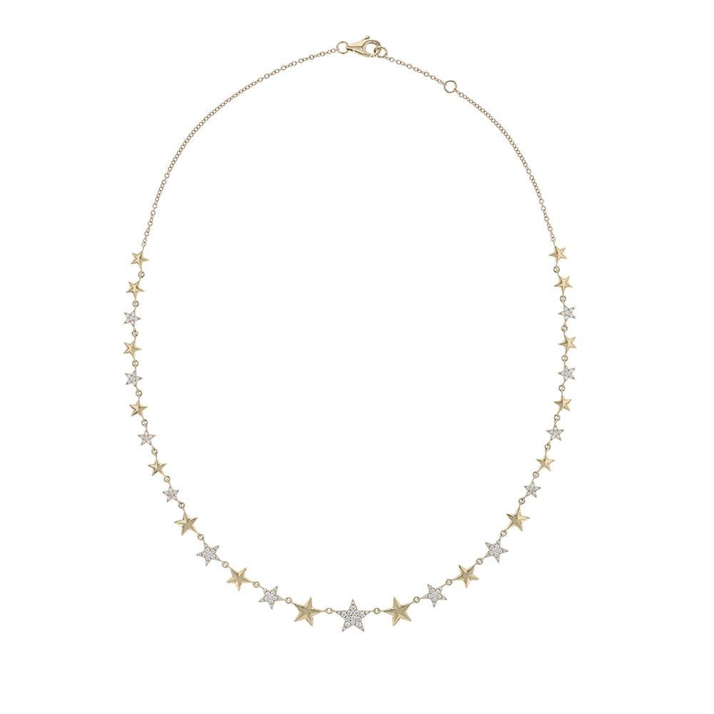 This alternating star collar necklace is made in 18K yellow gold. It features 180 round cut diamonds weighing 0.57 carats. Necklace has a color grade (H) and clarity grade (SI2). All stones are prong set.

