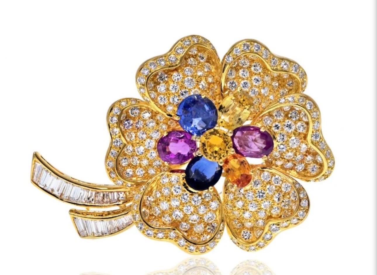 Round Cut 18K Yellow Gold Diamond Multicolor Sapphire Flower Brooch/pin by Designer Adler For Sale