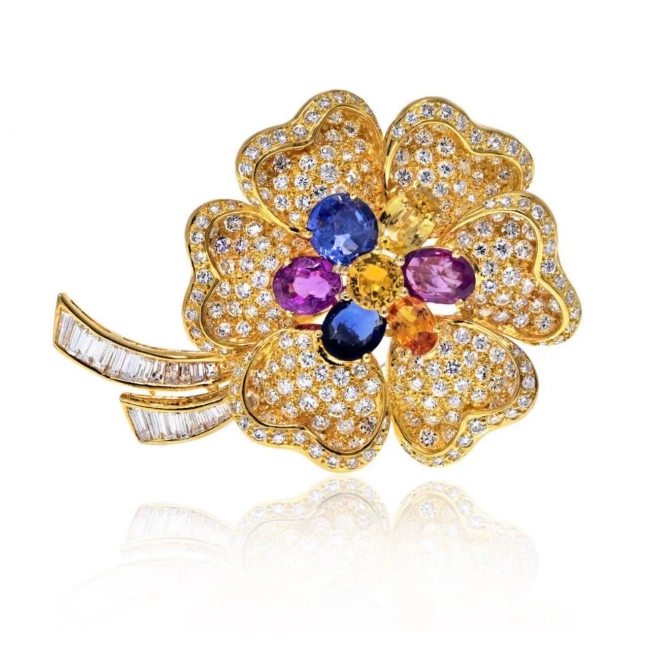 18K Yellow Gold Diamond Multicolor Sapphire Flower Brooch/pin by Designer Adler In Excellent Condition For Sale In New York, NY