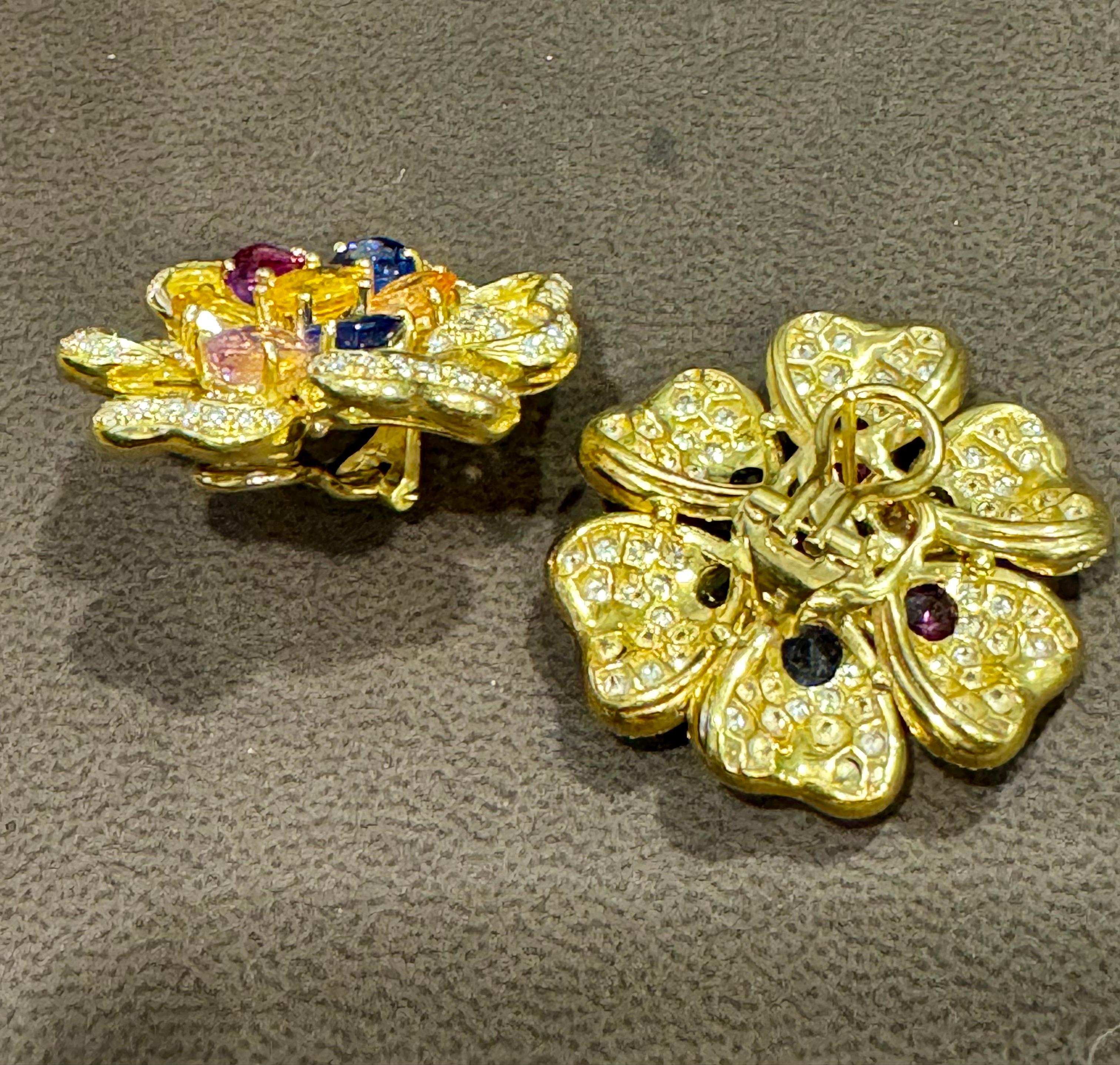 18K Yellow Gold Diamond & Multicolor Sapphire Flower Earrings by Designer Adler For Sale 5