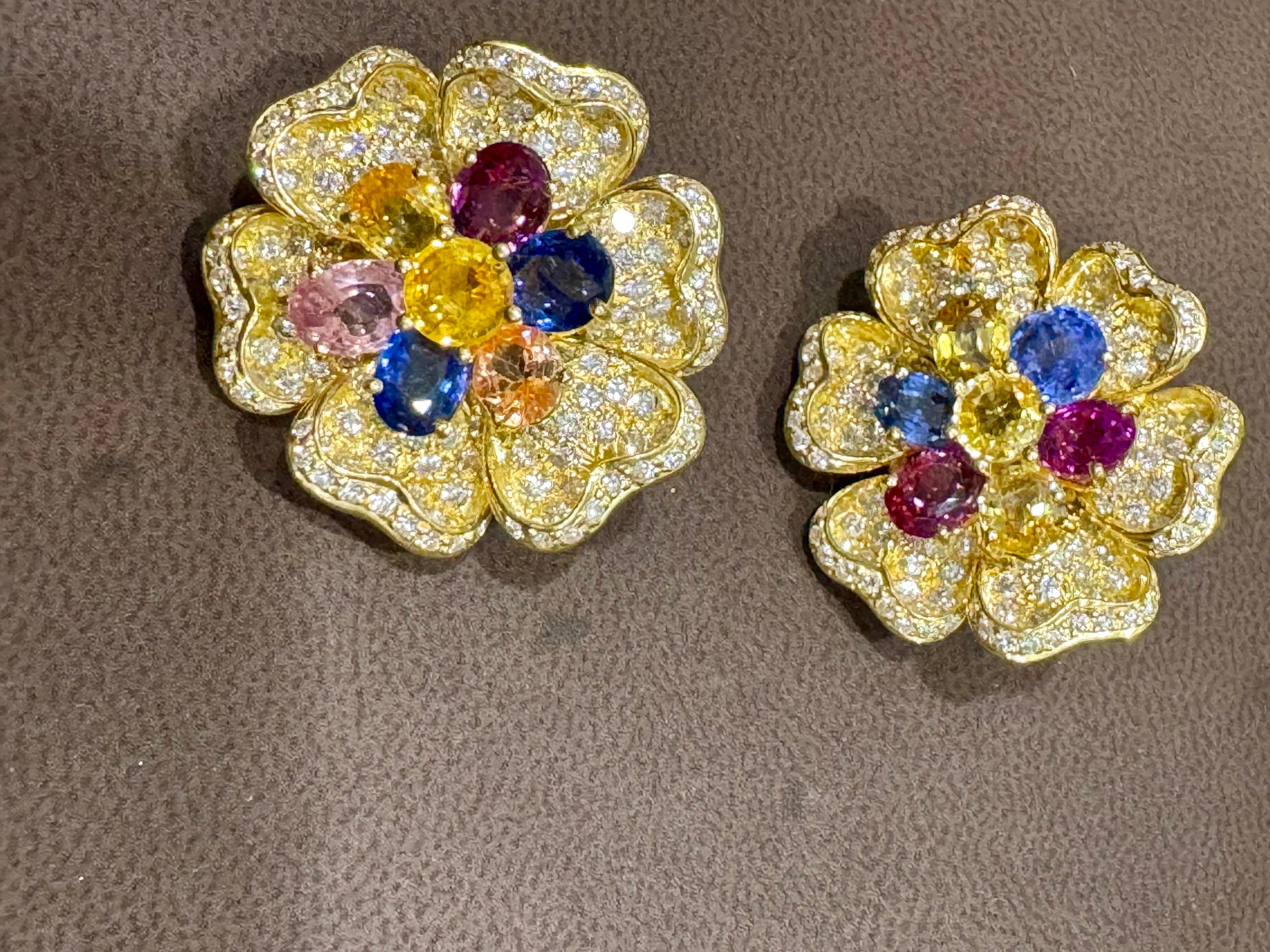 18K Yellow Gold Diamond & Multicolor Sapphire Flower Earrings by Designer Adler For Sale 6