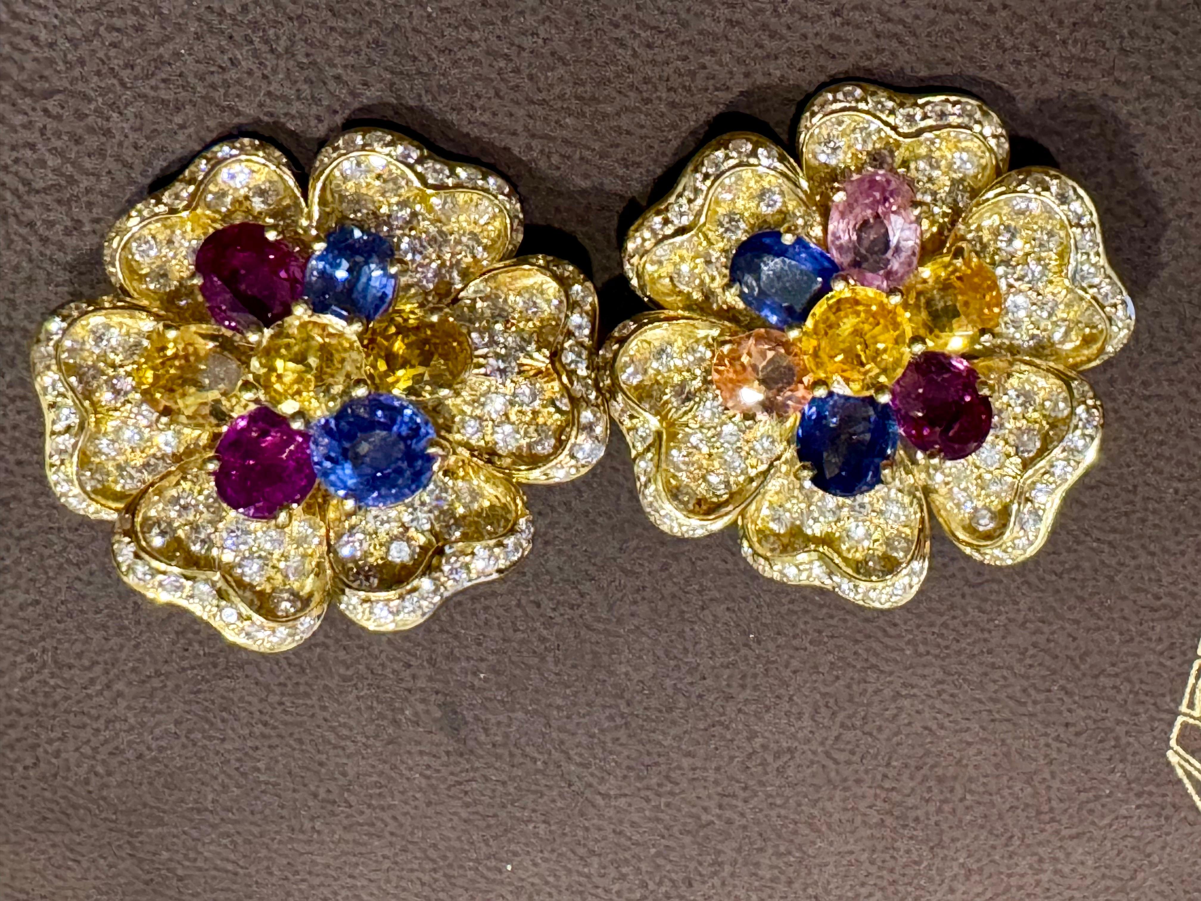 18K Yellow Gold Diamond & Multicolor Sapphire Flower Earrings by Designer Adler For Sale 7