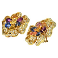 18K Yellow Gold Diamond & Multicolor Sapphire Flower Earrings by Designer Adler