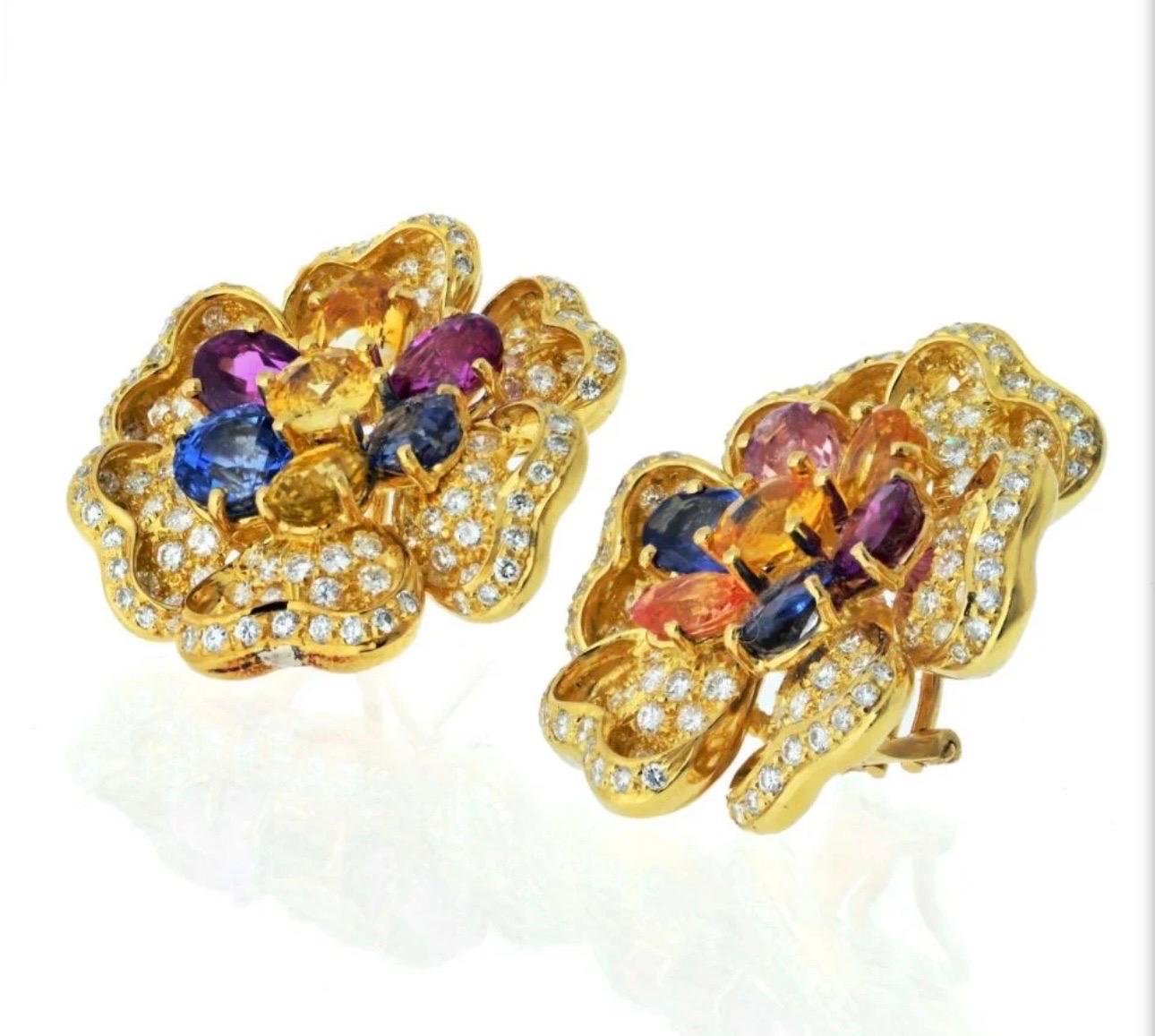 18K Yellow Gold Diamond & Multicolor Sapphire Flower Earrings by Designer Adler In Excellent Condition For Sale In New York, NY