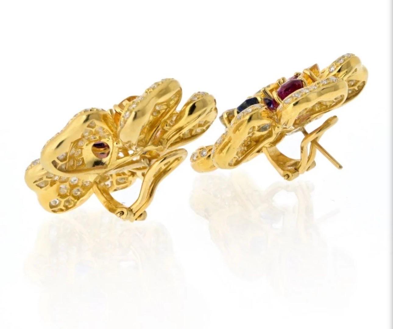 Women's 18K Yellow Gold Diamond & Multicolor Sapphire Flower Earrings by Designer Adler For Sale