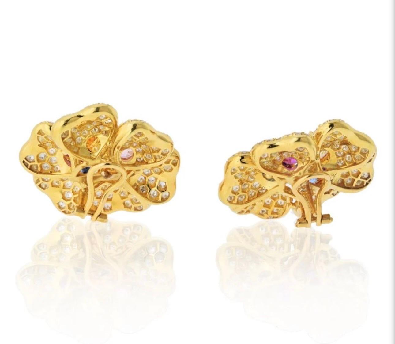18K Yellow Gold Diamond & Multicolor Sapphire Flower Earrings by Designer Adler For Sale 1