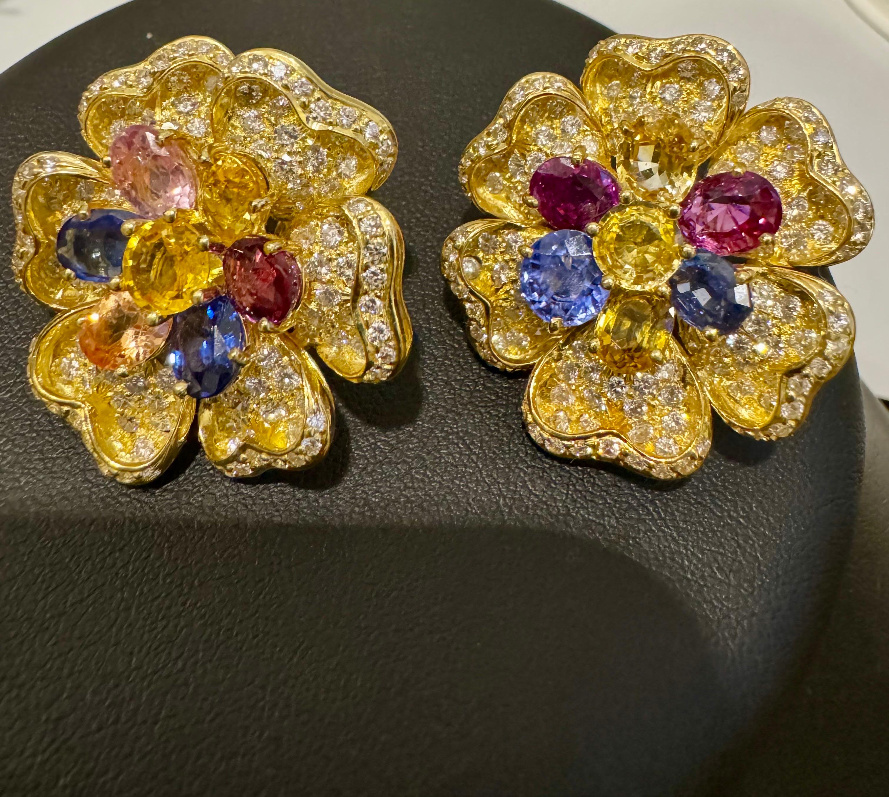 18K Yellow Gold Diamond & Multicolor Sapphire Flower Earrings by Designer Adler For Sale 2
