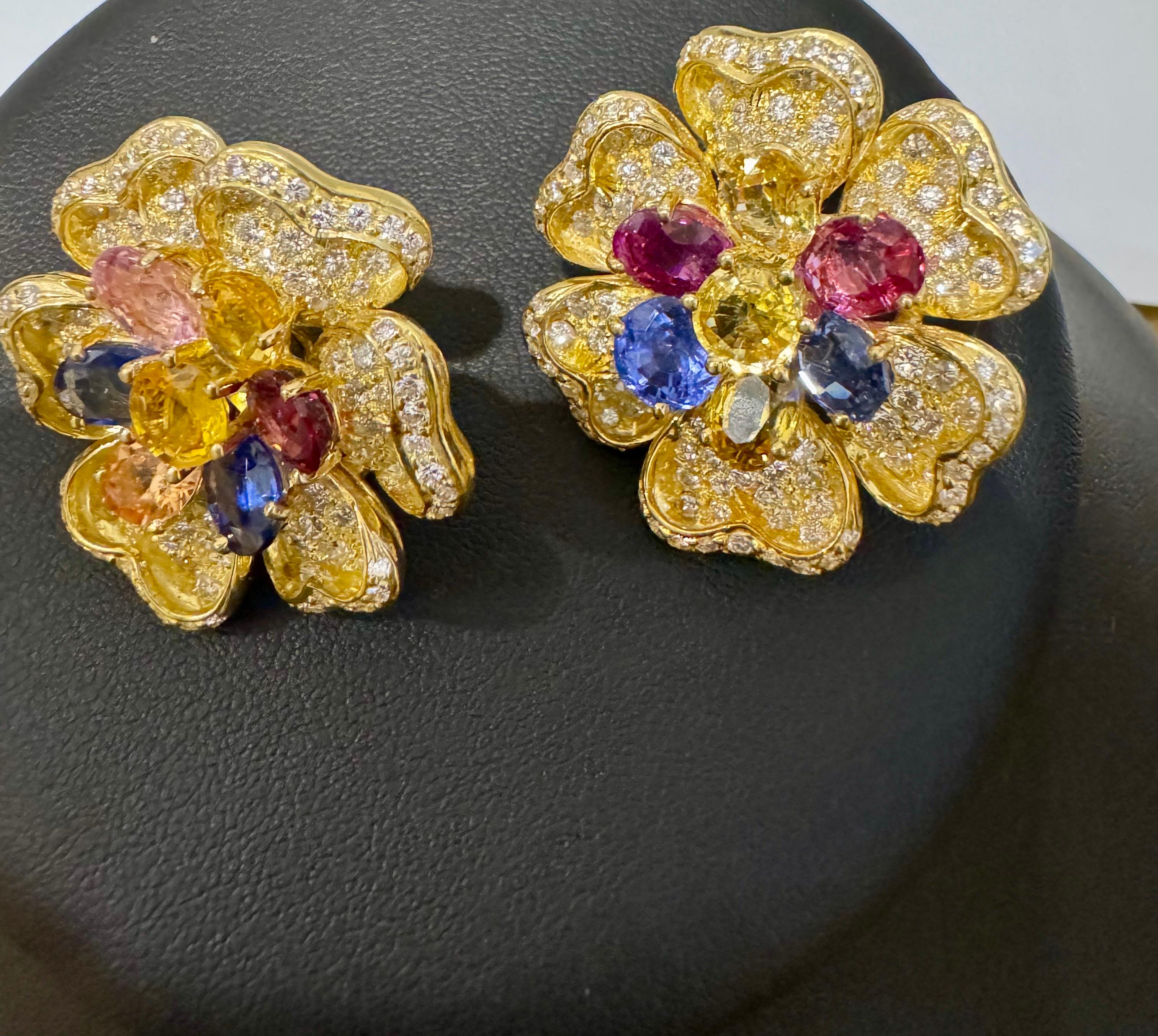18K Yellow Gold Diamond & Multicolor Sapphire Flower Earrings by Designer Adler For Sale 3