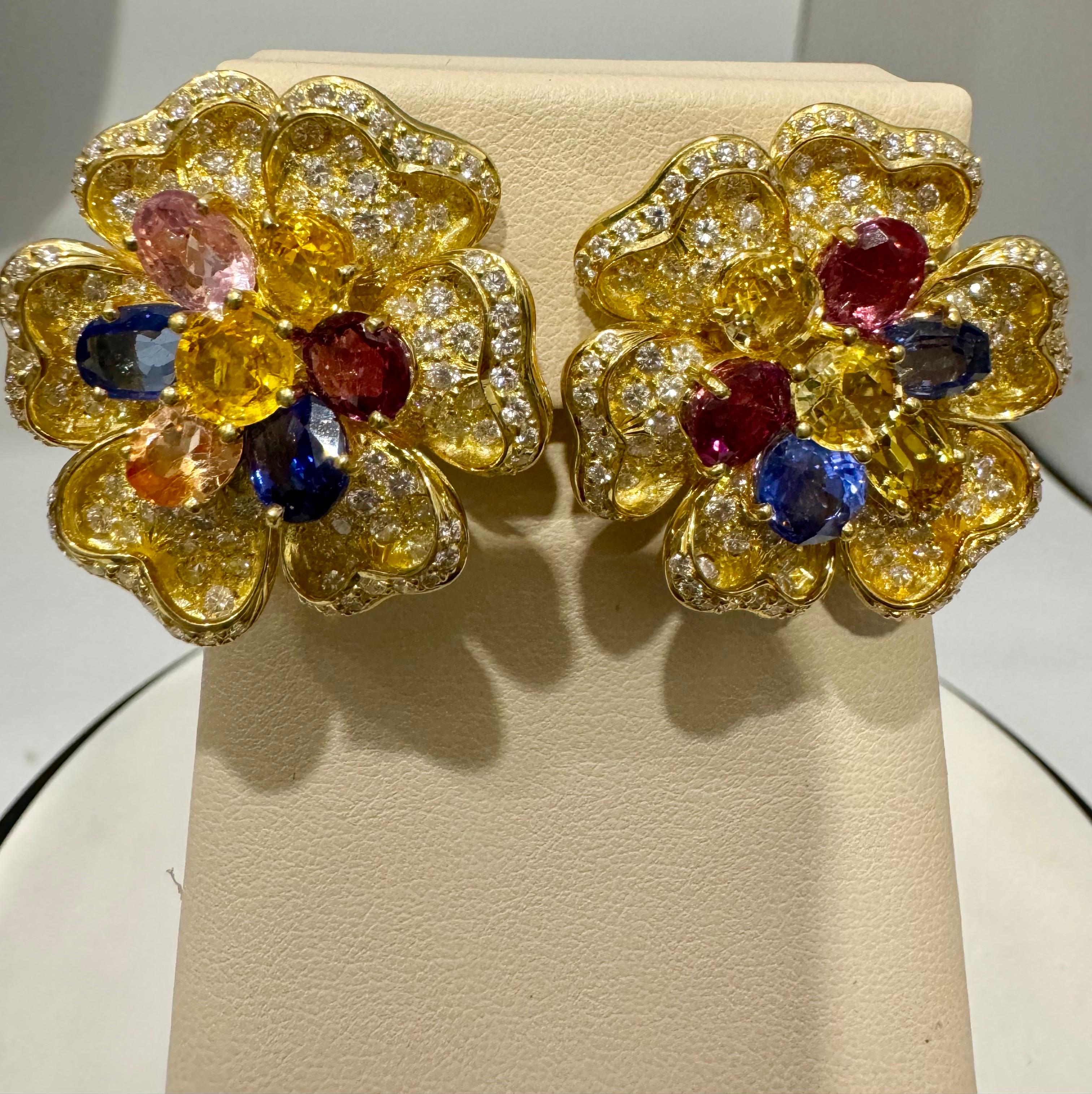 18K Yellow Gold Diamond & Multicolor Sapphire Flower Earrings by Designer Adler For Sale 4