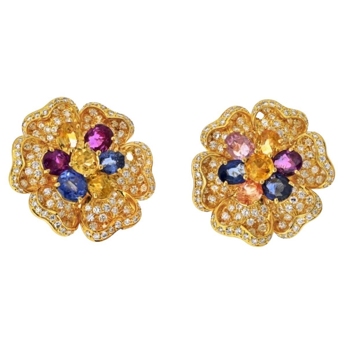 18K Yellow Gold Diamond & Multicolor Sapphire Flower Earrings by Designer Adler