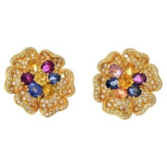 18K Yellow Gold Diamond & Multicolor Sapphire Flower Earrings by Designer Adler