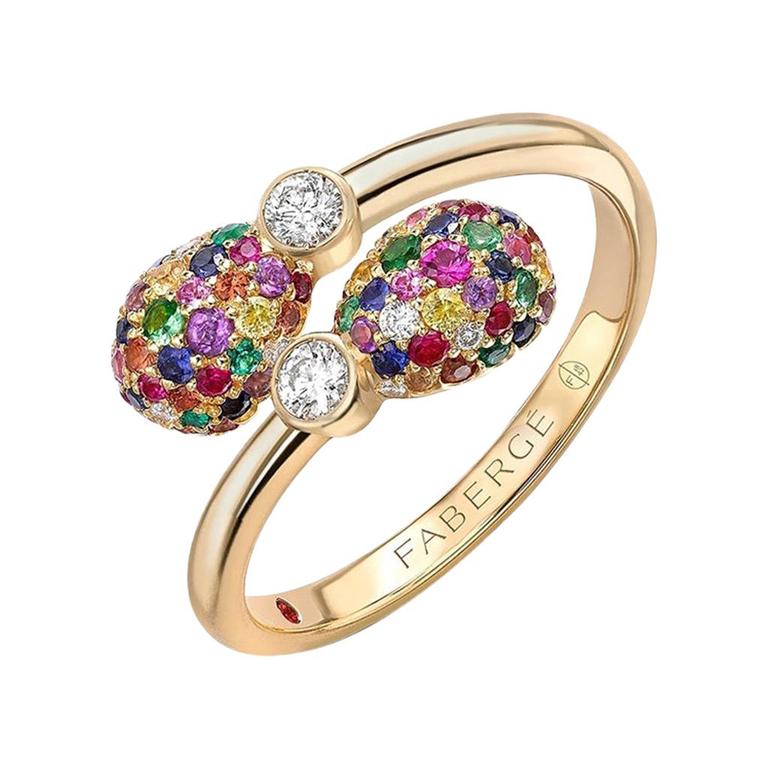 For Sale:  Fabergé 18K Gold Diamond & Multicolour Gemstone Encrusted Eggs Crossover Ring