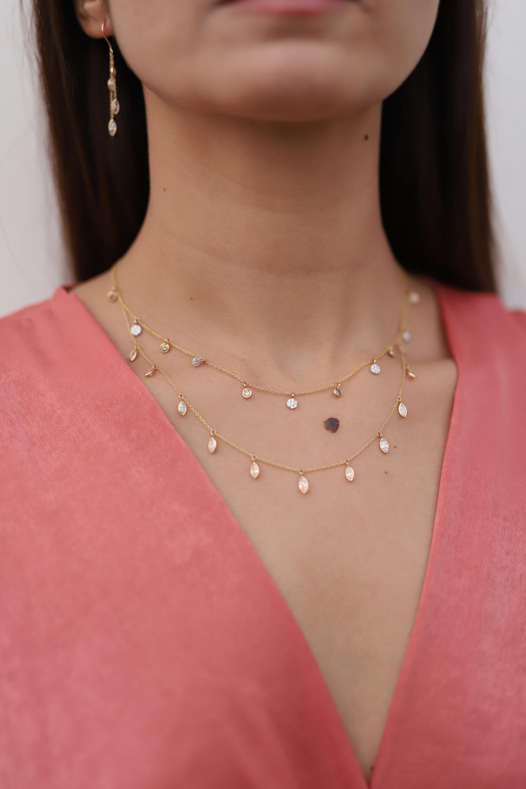 Natural Natural Diamond Chain Necklace in 18K Gold studded with round cut diamond. This stunning piece of jewelry instantly elevates a casual look or dressy outfit. 
April birthstone diamond brings love, fame, success and prosperity.
Designed with