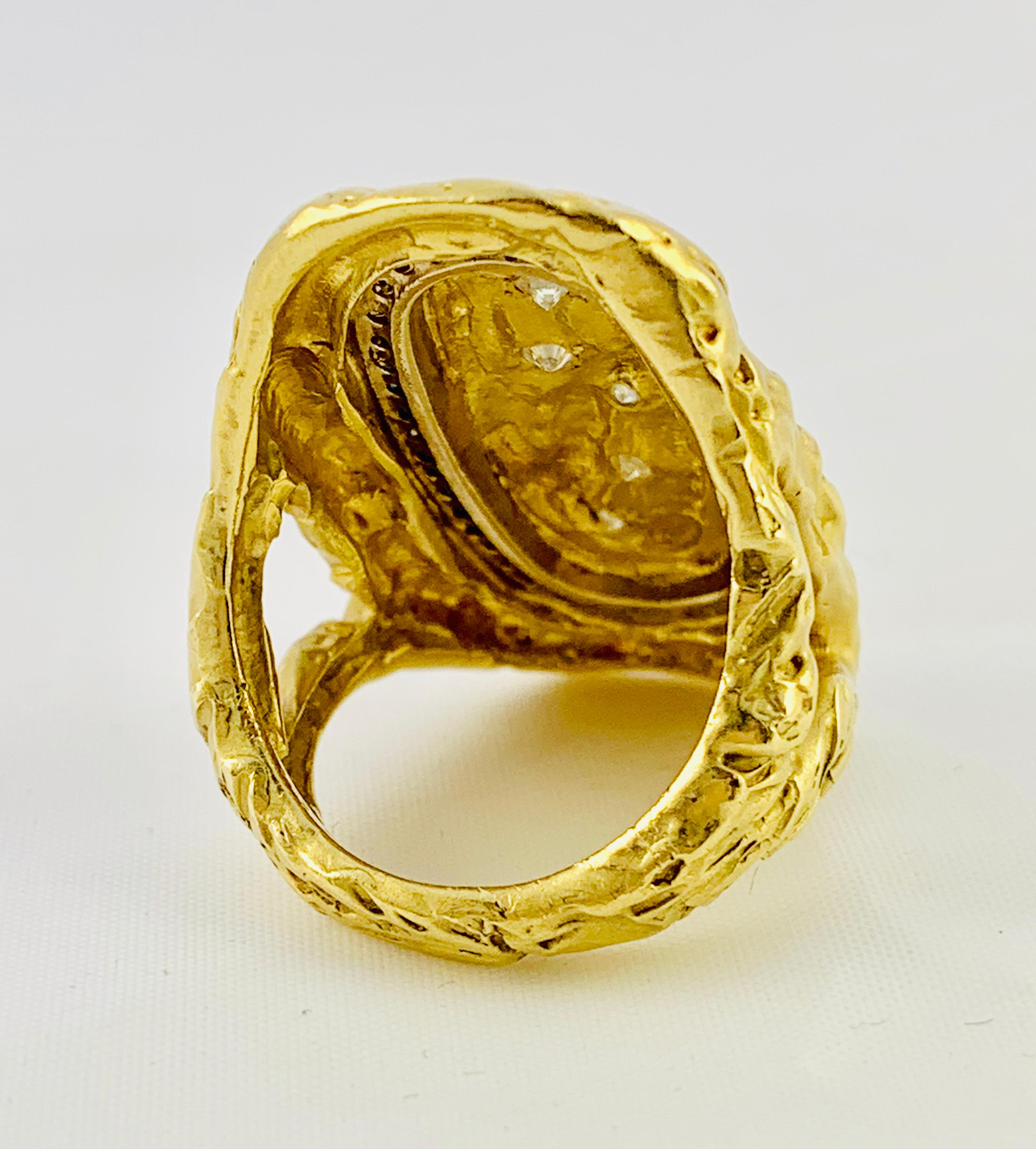 Artisan 18 Karat Yellow Gold and Diamond Oblong Saddle Ring