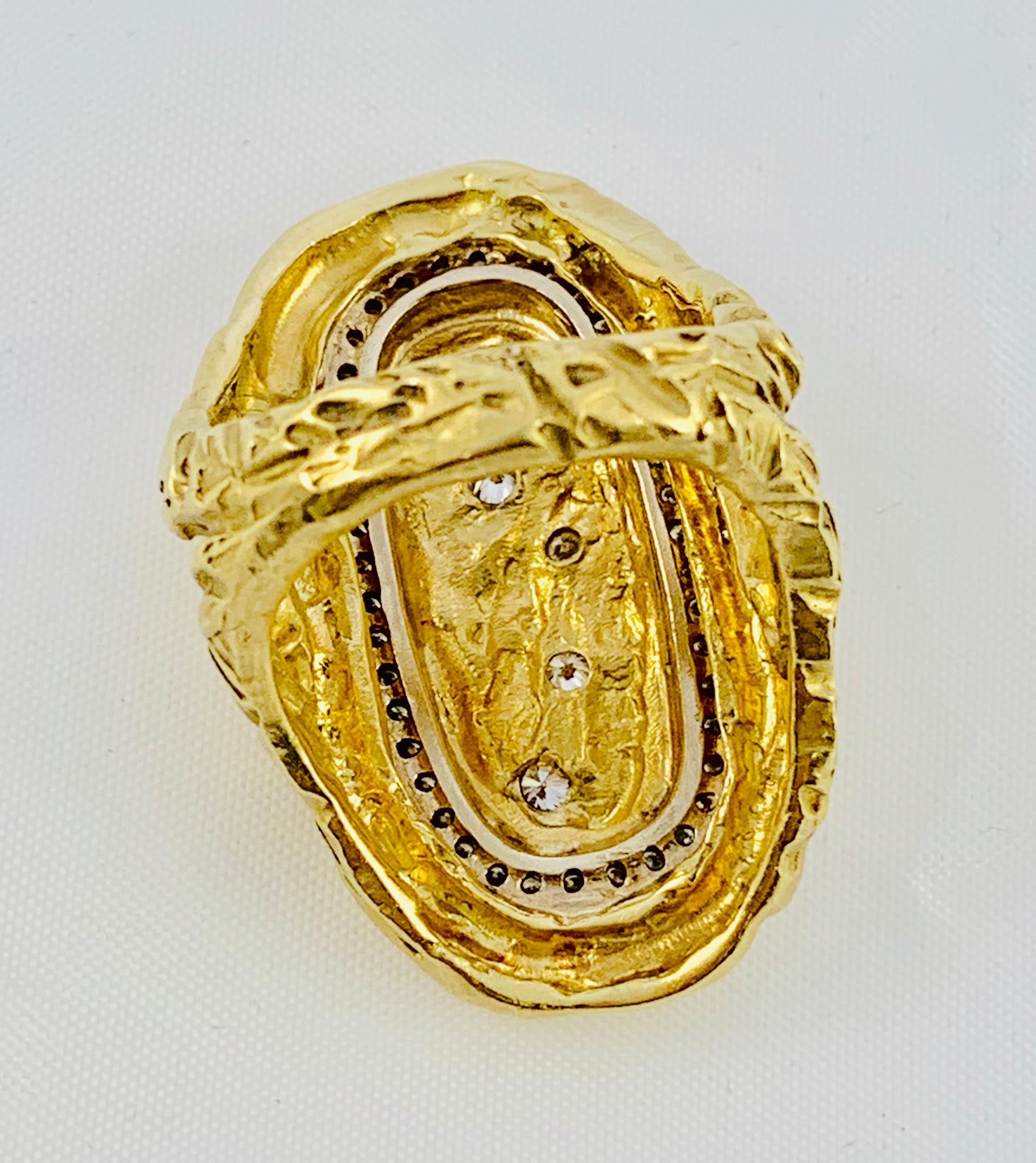 Women's or Men's 18 Karat Yellow Gold and Diamond Oblong Saddle Ring