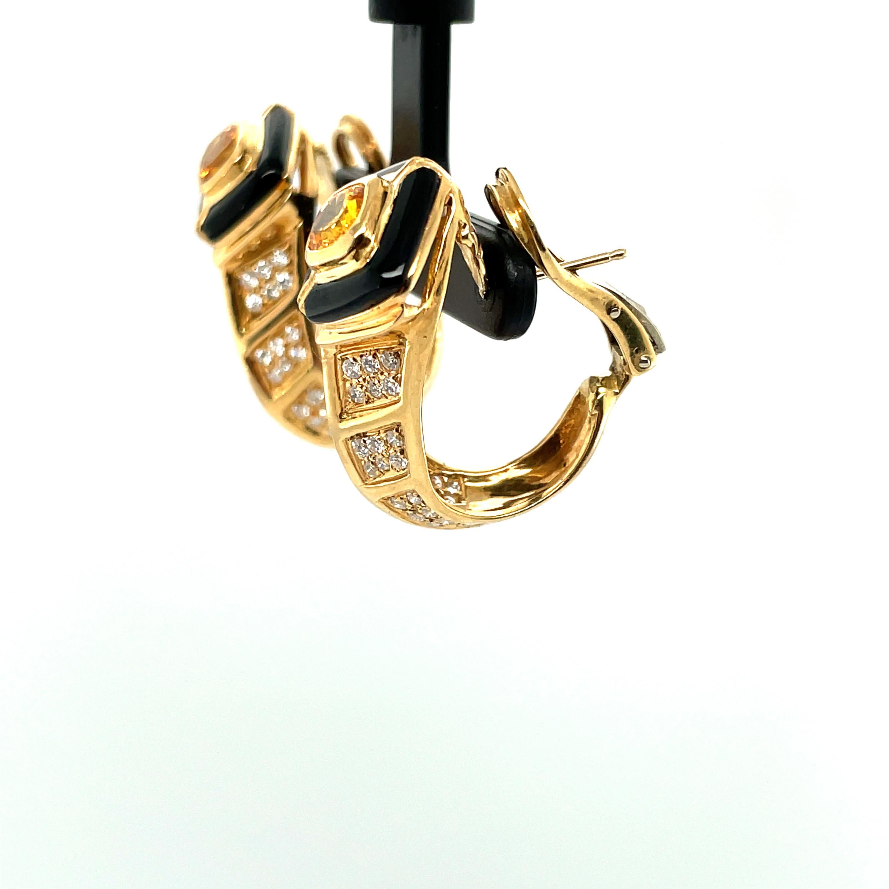 Cushion Cut 18K Yellow Gold Diamond, Onyx and Yellow Sapphire Earring For Sale