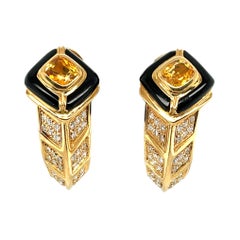 18K Yellow Gold Diamond, Onyx and Yellow Sapphire Earring