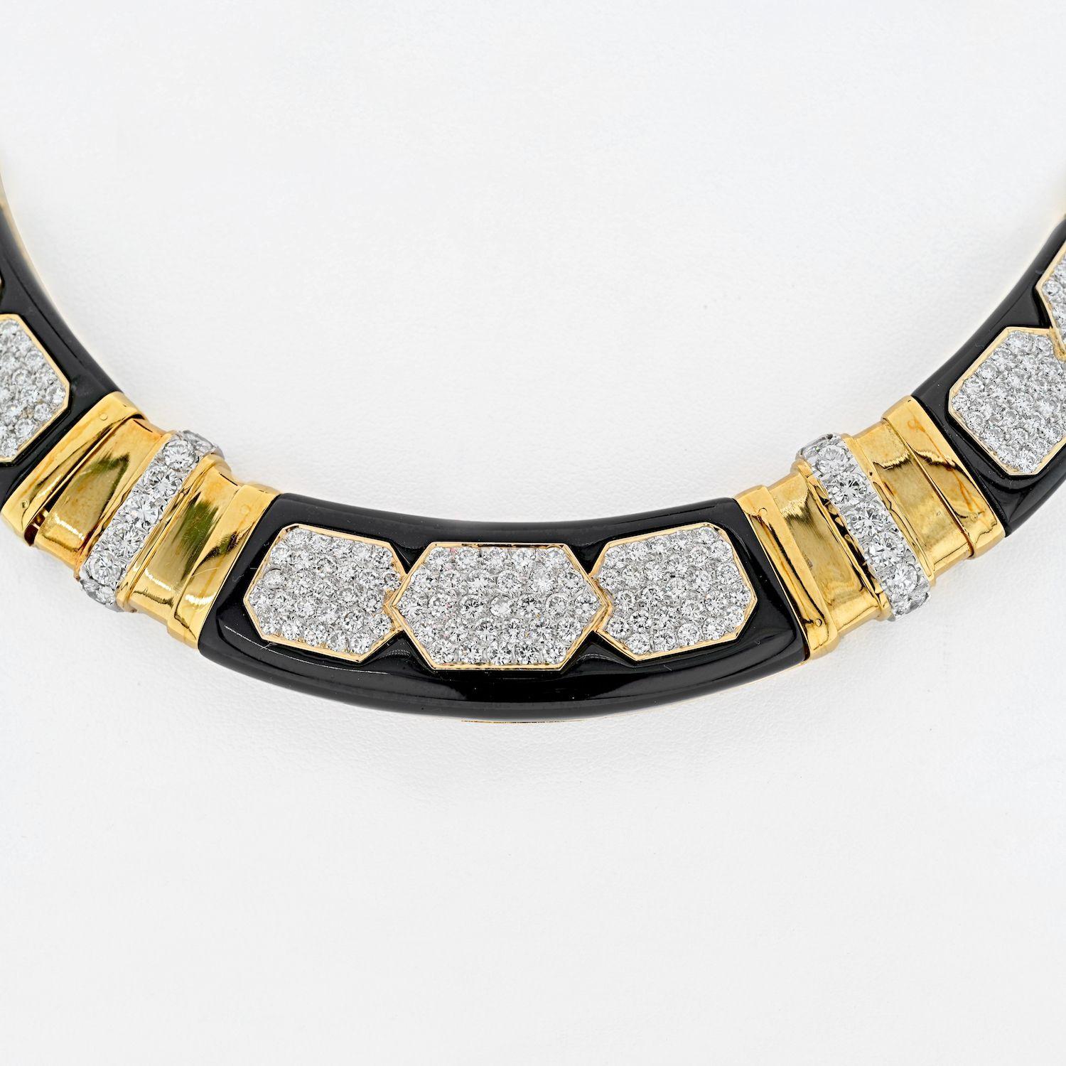 Women's 18K Yellow Gold Diamond, Onyx Gold Link Collar Necklace For Sale