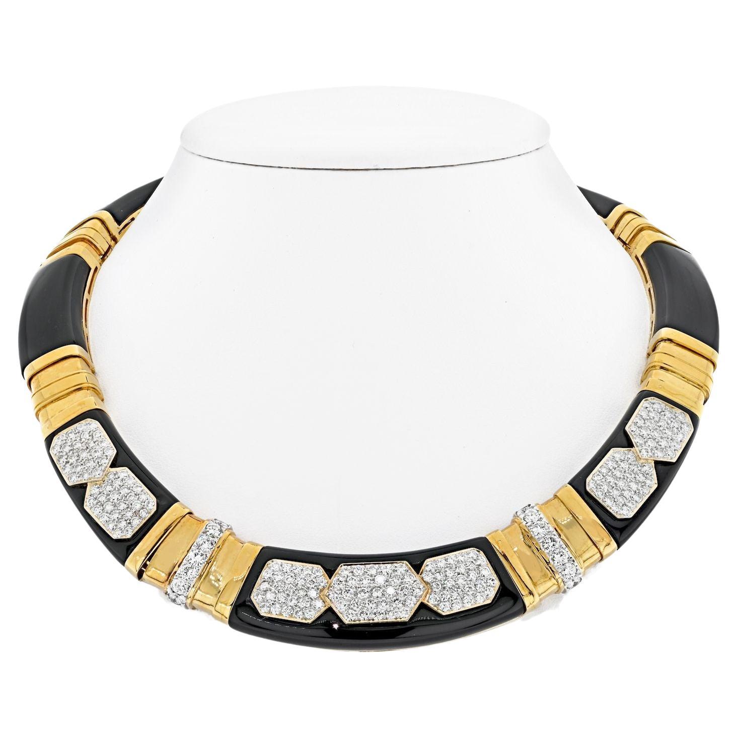 18K Yellow Gold Diamond, Onyx Gold Link Collar Necklace For Sale