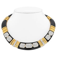 18K Yellow Gold Diamond, Onyx Gold Link Collar Necklace