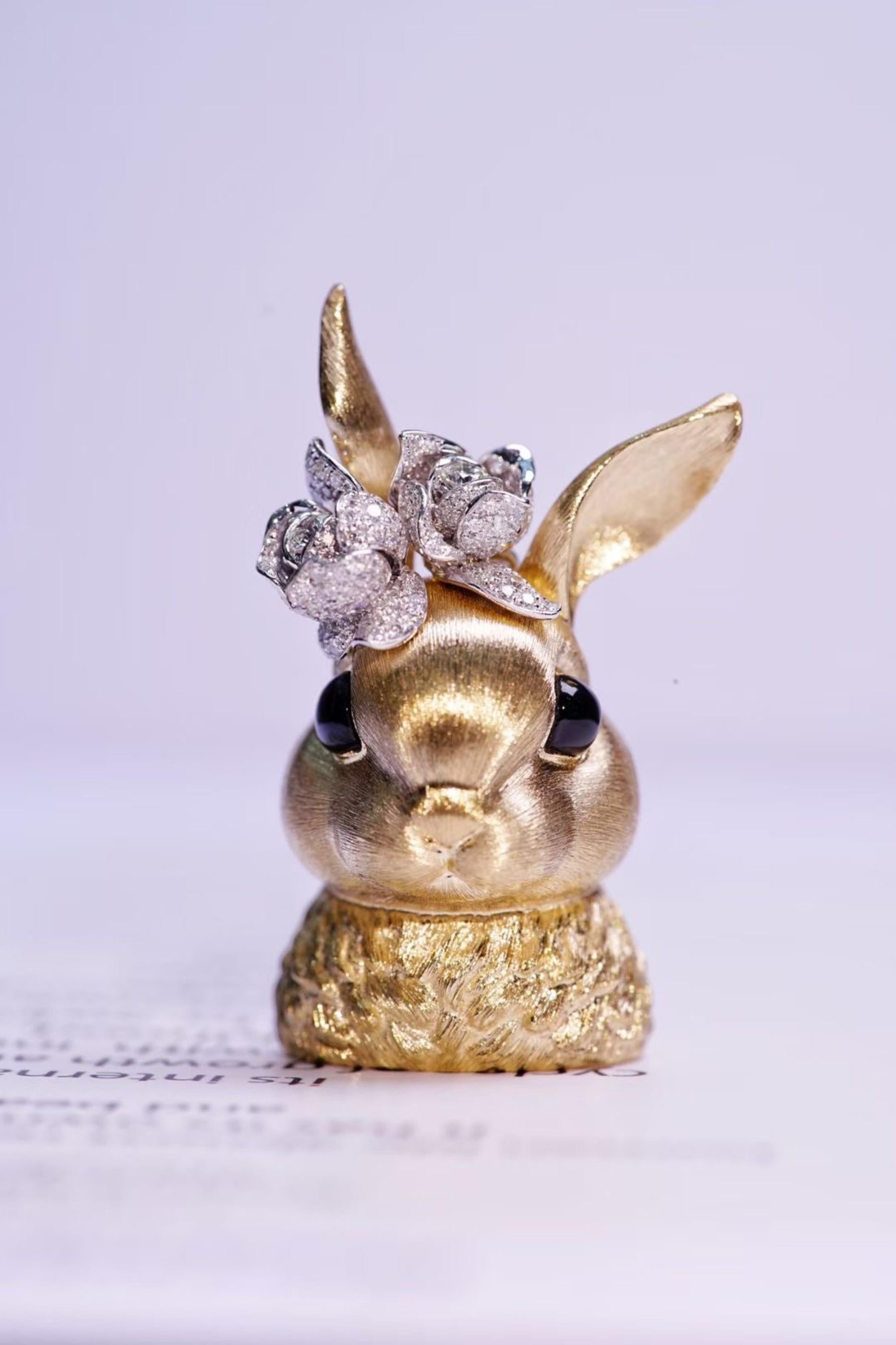 Round Cut 18K Yellow Gold Diamond & Onyx 'Rabbit and Flower' Brooch & Pendant For Sale