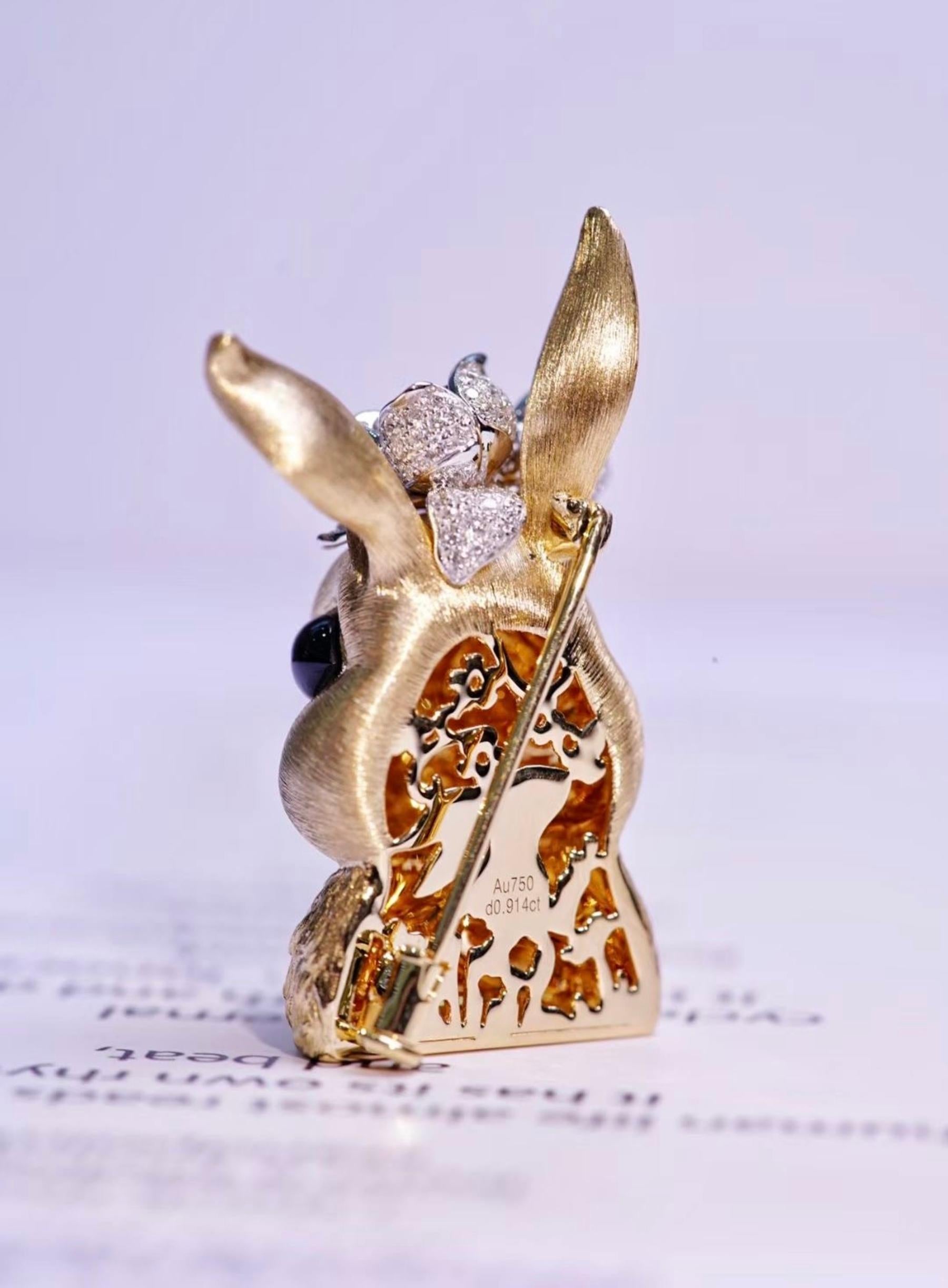 Women's or Men's 18K Yellow Gold Diamond & Onyx 'Rabbit and Flower' Brooch & Pendant For Sale