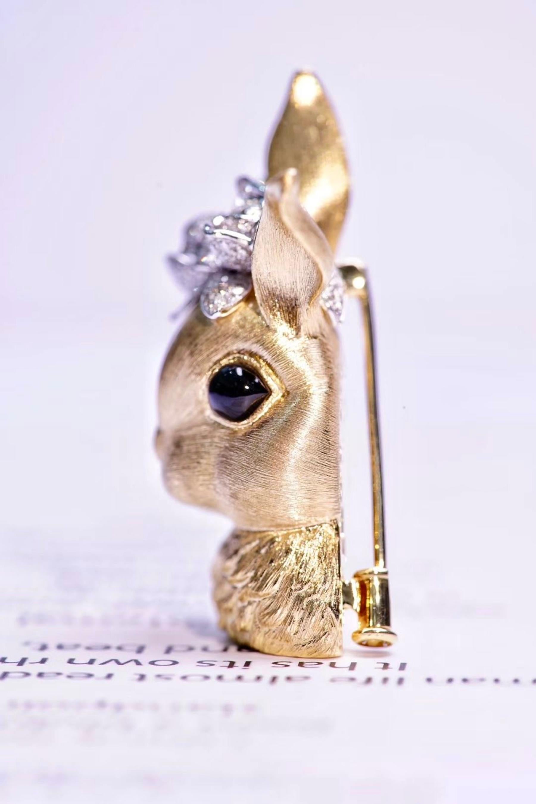 18K Yellow Gold Diamond & Onyx 'Rabbit and Flower' Brooch & Pendant For Sale 1
