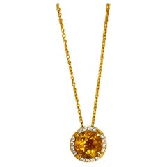 18k Yellow Gold Diamond Orange Yellow Citrine Pendant Cable Chain Necklace