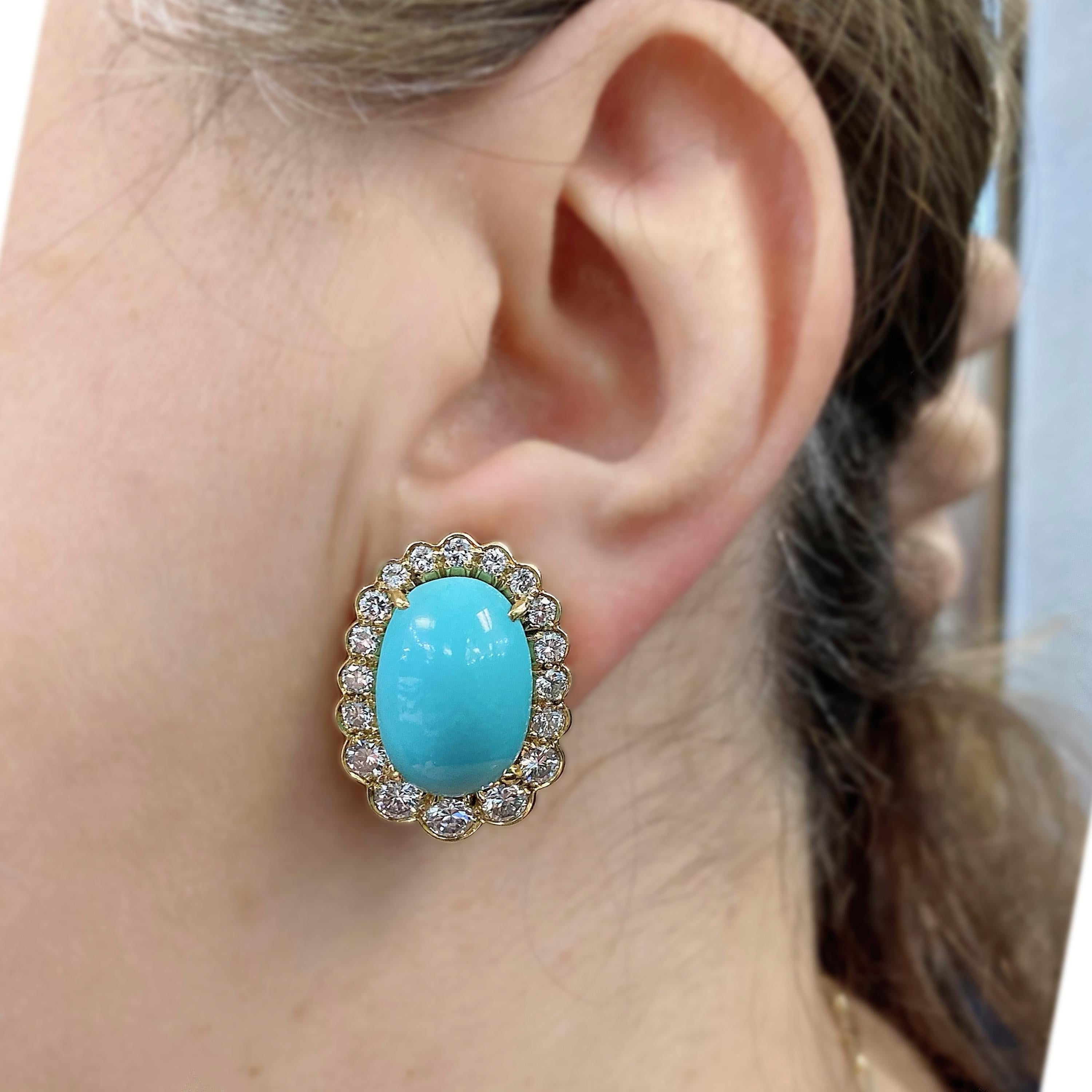 Contemporary 18 Karat Yellow Gold Diamond Oval Persian Turquoise Stud Earrings