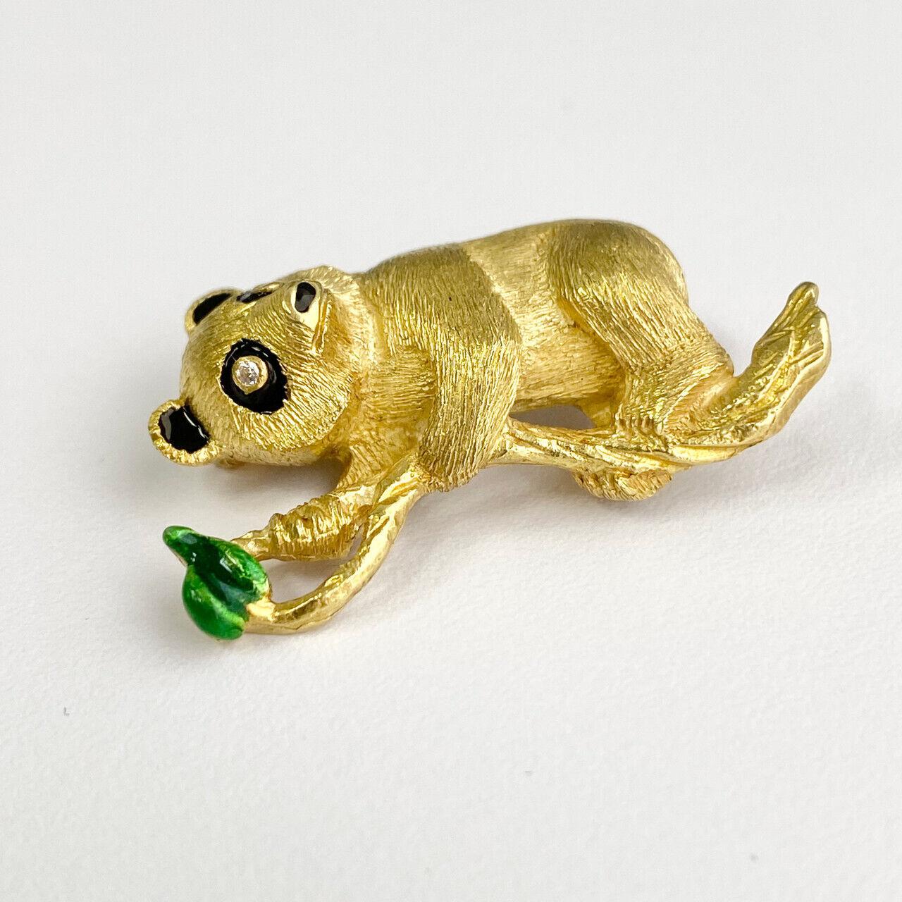 Artisan 18k Yellow Gold Diamond Panda Pin-Brooch For Sale