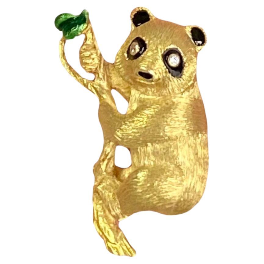 18k Yellow Gold Diamond Panda Pin-Brooch For Sale