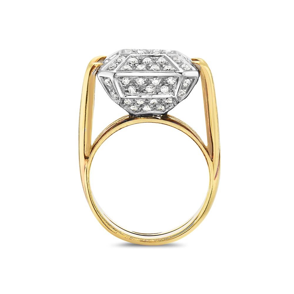 This cocktail ring features 1.72 carats of G VS pave diamonds set in 18K yellow gold. 18.7 grams total weight. Made in Italy. Size 7.5.

Can be resized upon request. 

Viewings available in our NYC showroom by appointment.