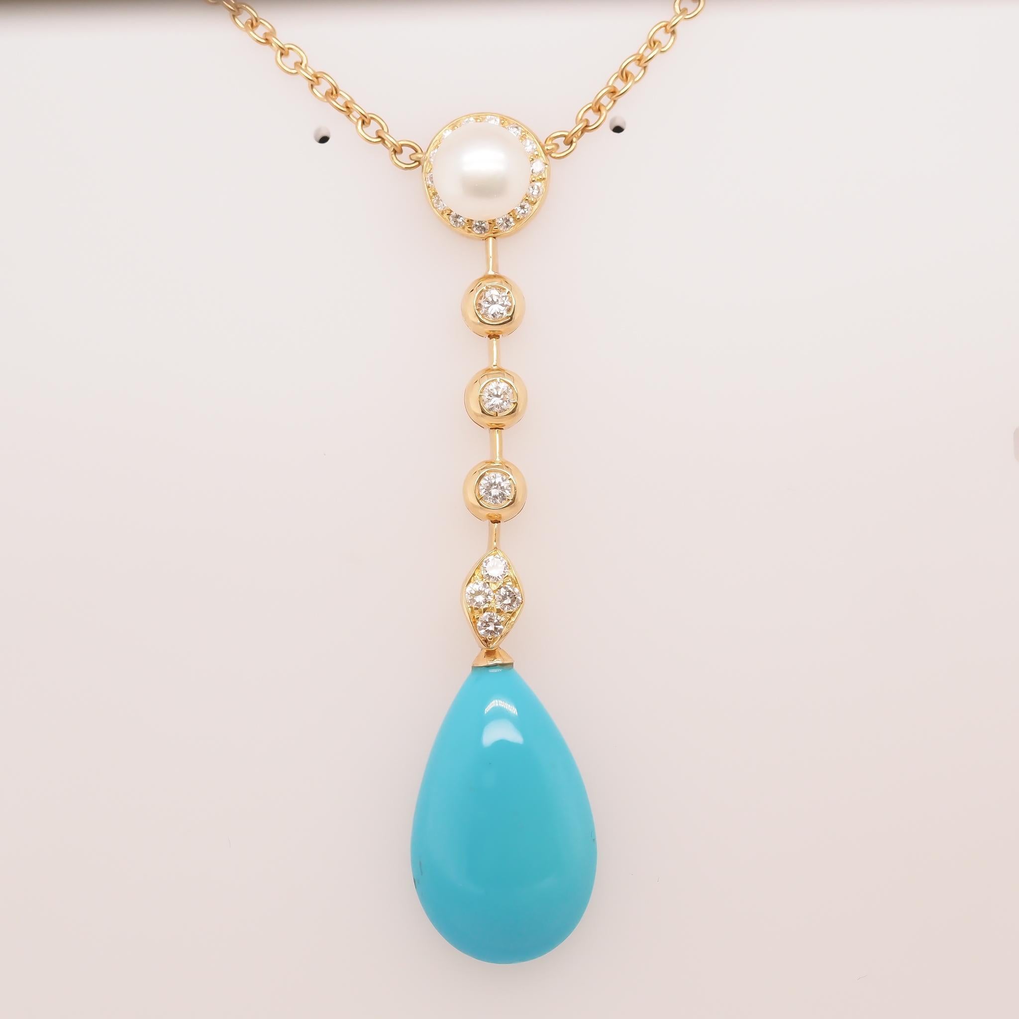 Pendentif en or jaune 18 carats avec diamant, perle et turquoise Pour femmes en vente