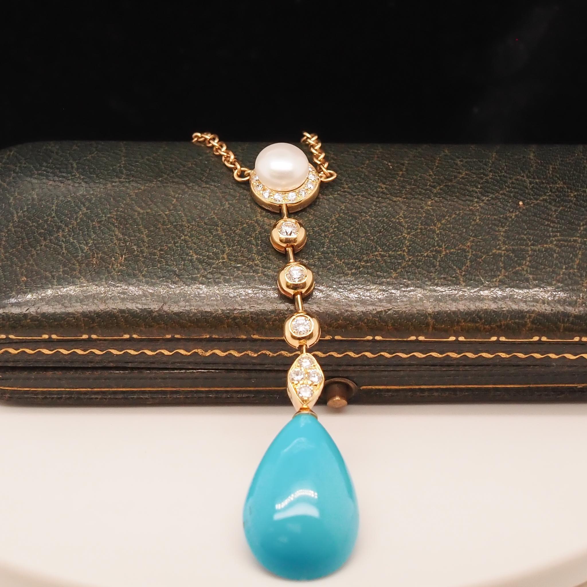 Pendentif en or jaune 18 carats avec diamant, perle et turquoise en vente 2