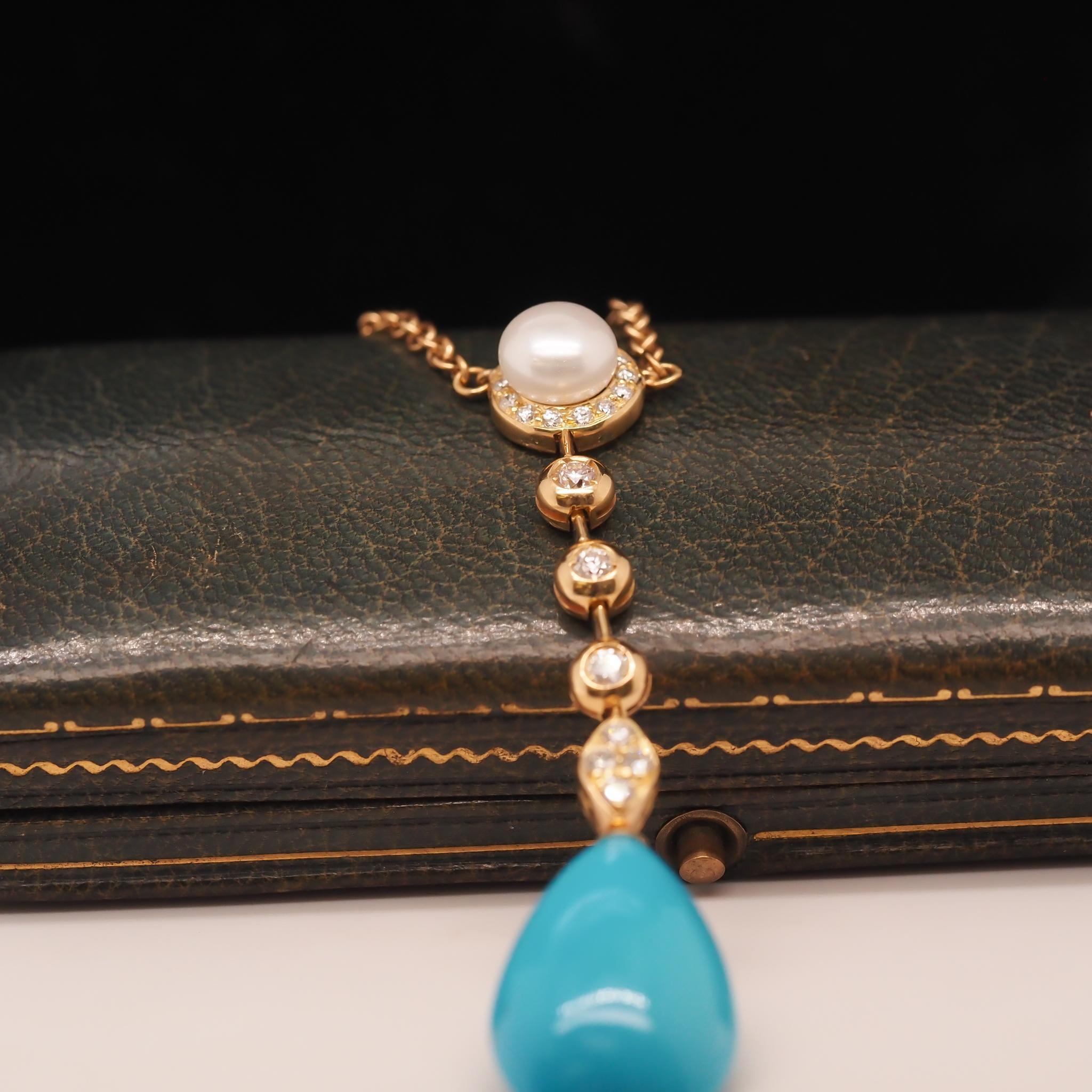 Pendentif en or jaune 18 carats avec diamant, perle et turquoise en vente 3