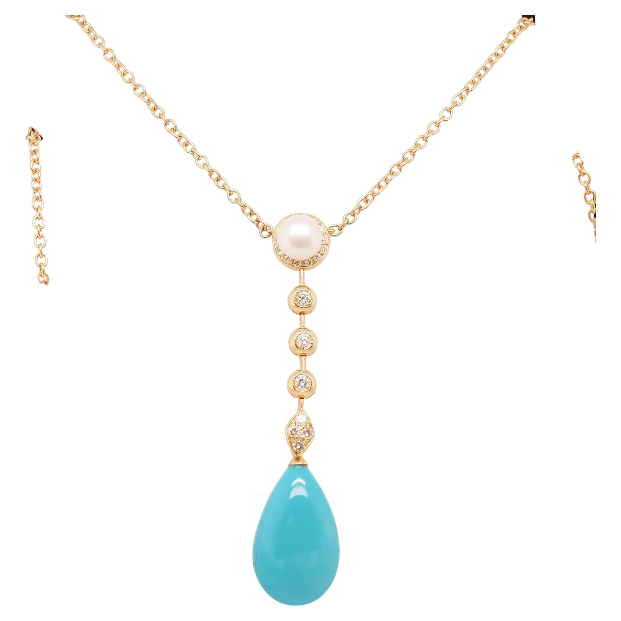 18K Yellow Gold Diamond, Pearl and Turquoise Drop Pendant