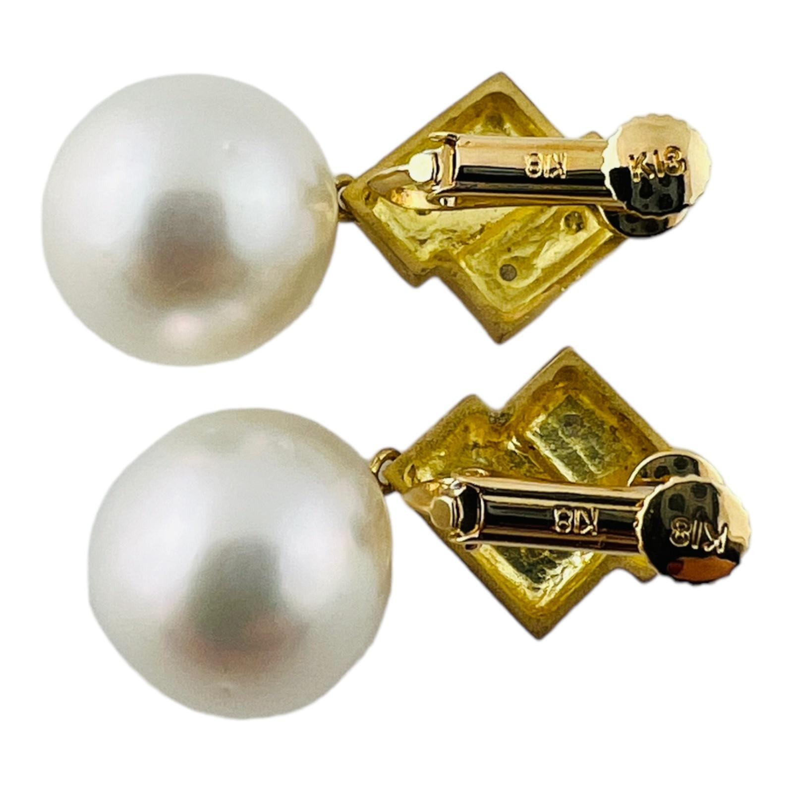 Brilliant Cut 18K Yellow Gold Diamond & Pearl Non-Pierced Dangle Earrings #16479 For Sale