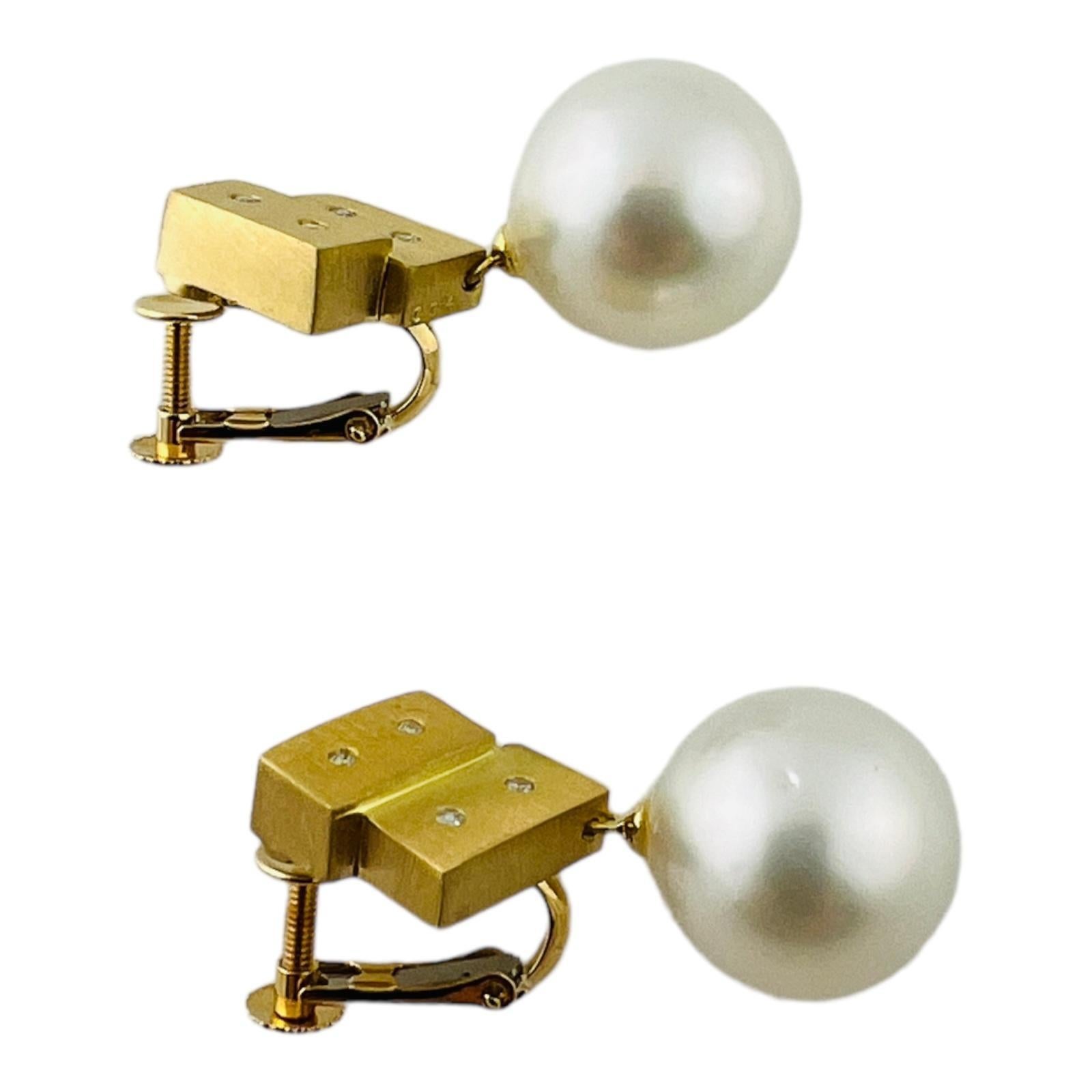 Women's 18K Yellow Gold Diamond & Pearl Non-Pierced Dangle Earrings #16479 For Sale