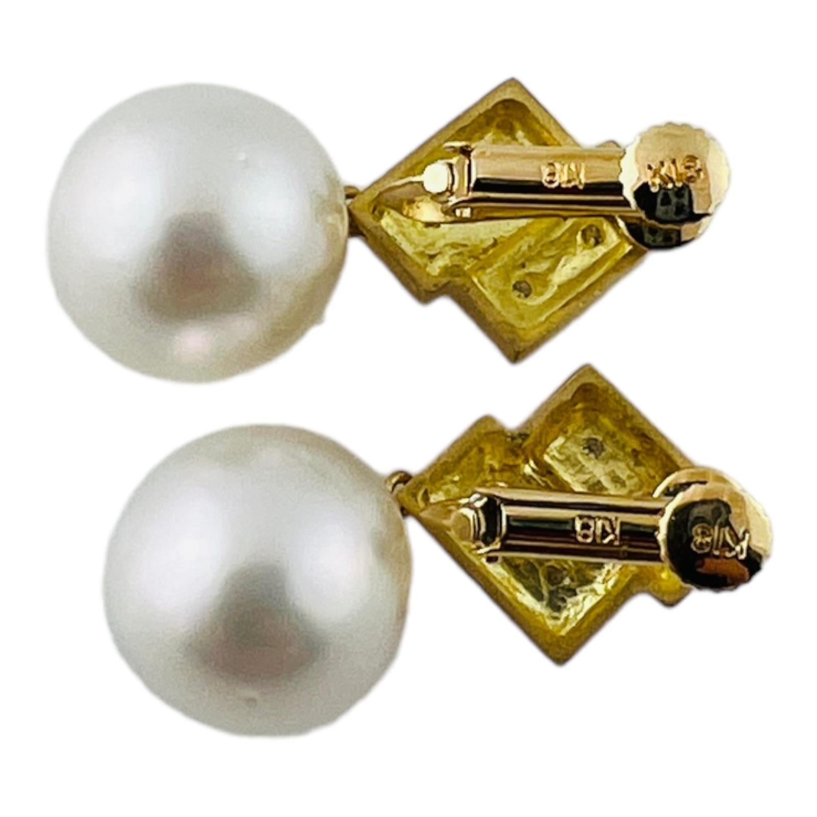 18K Yellow Gold Diamond & Pearl Non-Pierced Dangle Earrings #16479 For Sale 1