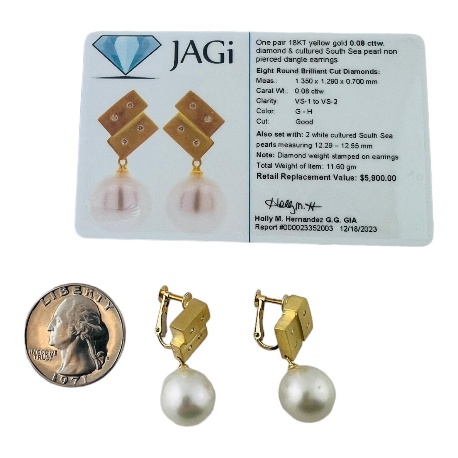 18K Yellow Gold Diamond & Pearl Non-Pierced Dangle Earrings #16479 For Sale 3