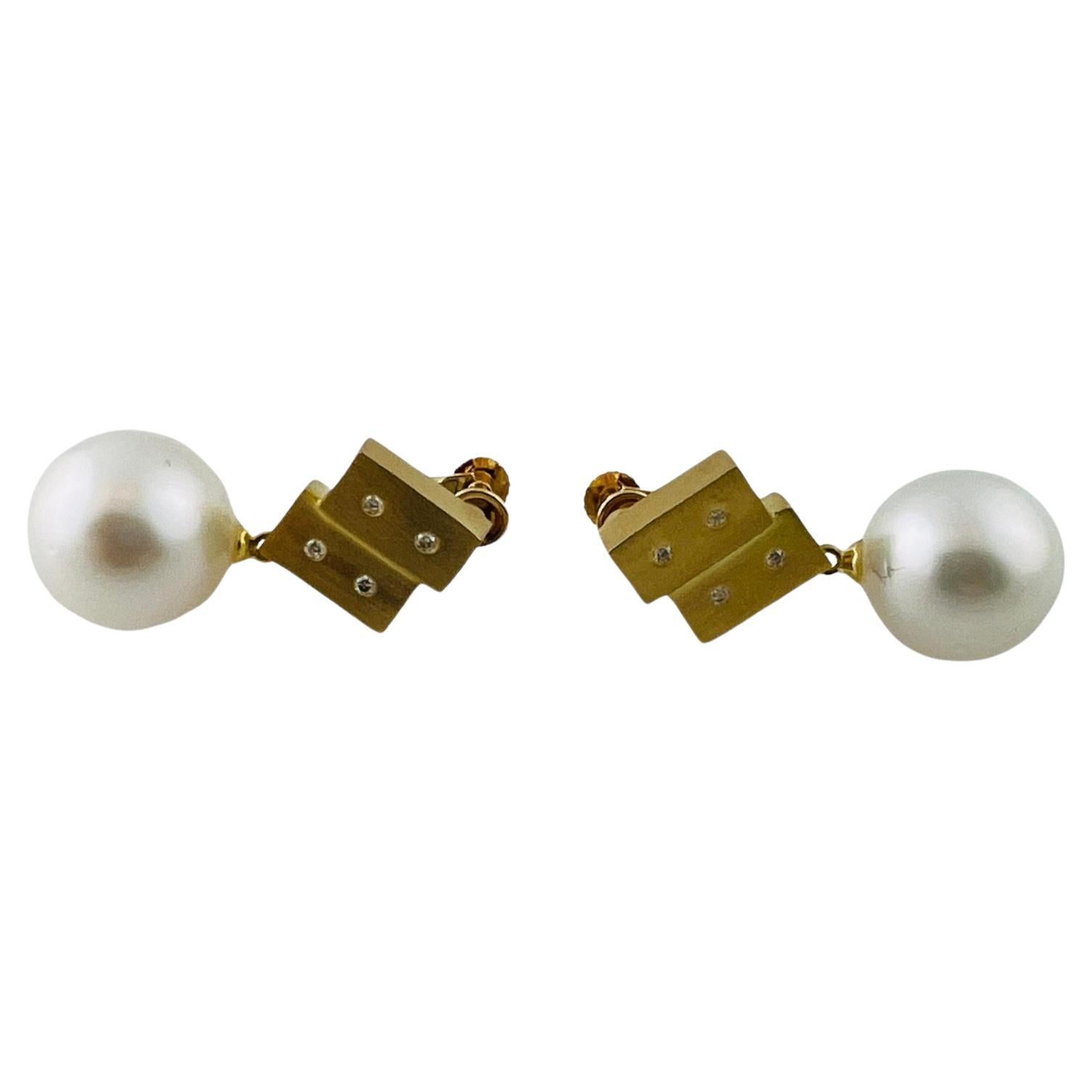 18K Yellow Gold Diamond & Pearl Non-Pierced Dangle Earrings #16479 For Sale