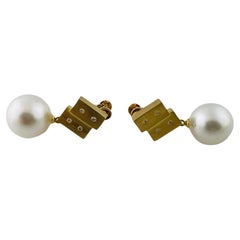18K Yellow Gold Diamond & Pearl Non-Pierced Dangle Earrings #16479