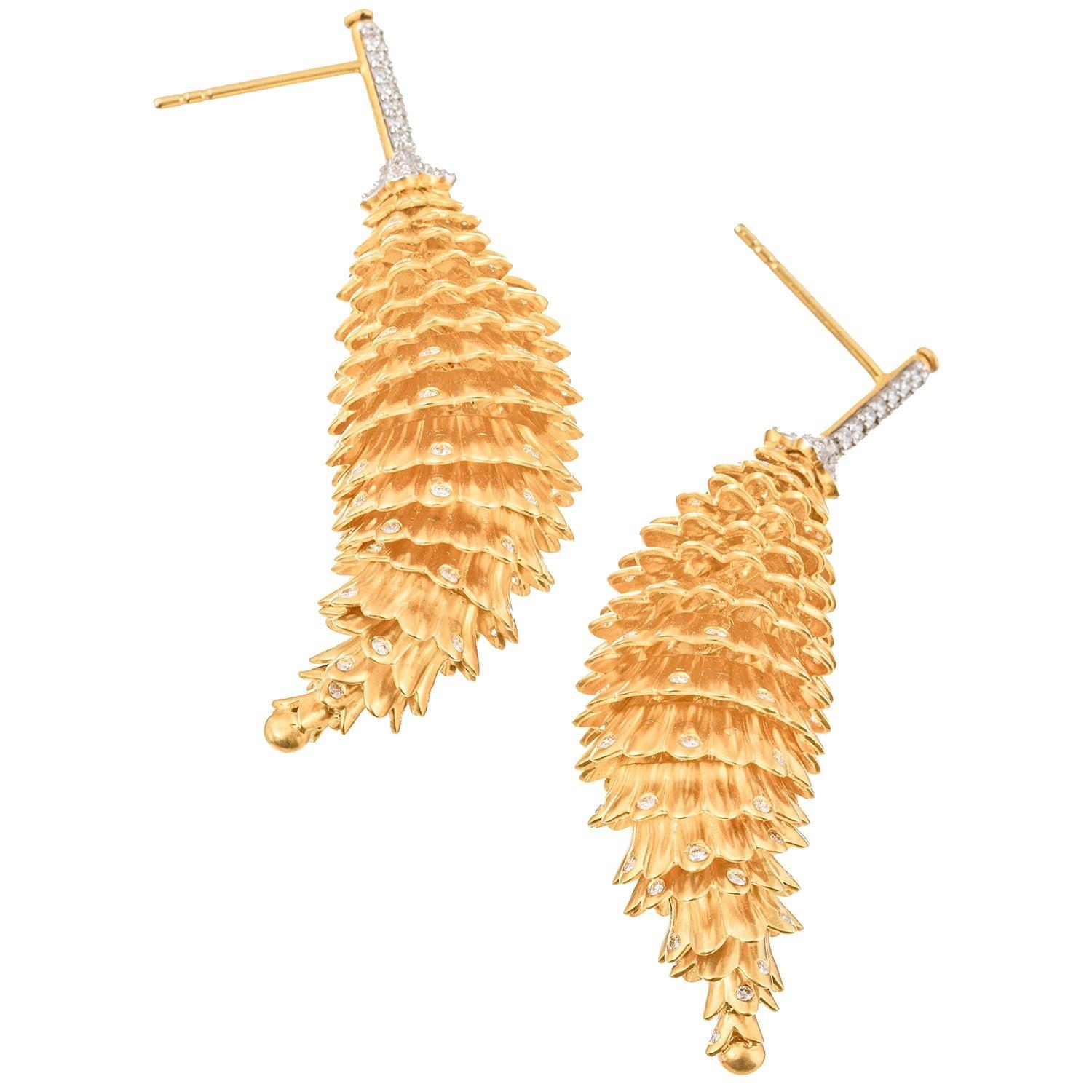 Round Cut 18k Yellow Gold Diamond Pinecone Drop Earrings