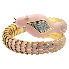 18k Yellow Gold Diamond Pink Enamel Snake Coil Bracelet