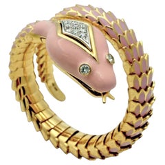 18k Yellow Gold Diamond Pink Enamel Snake Coil Bracelet