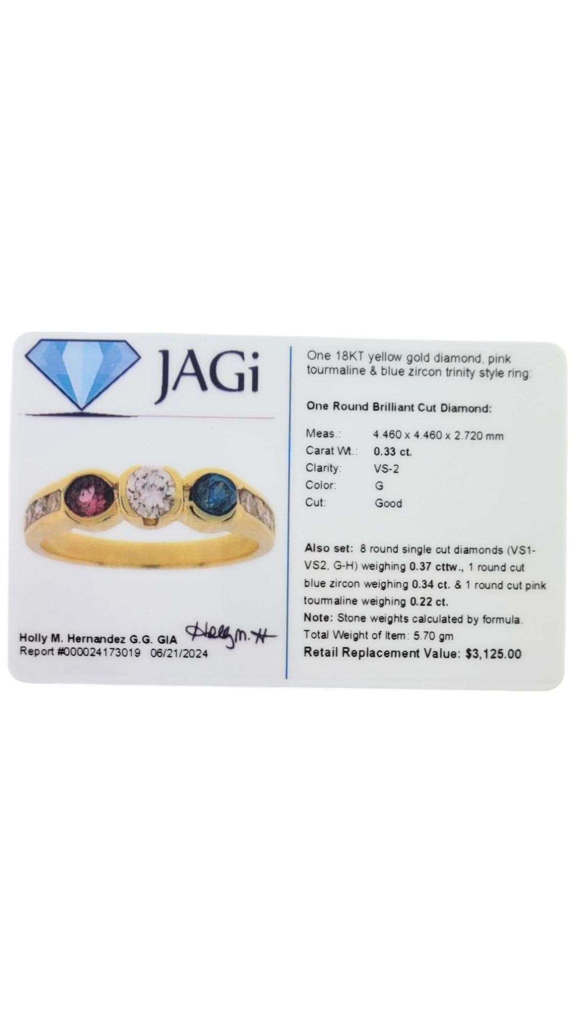 18 Karat Gelbgold Diamant, rosa Turmalin & blauer Zirkon Trinity-Stil Ring #18057 im Angebot 2